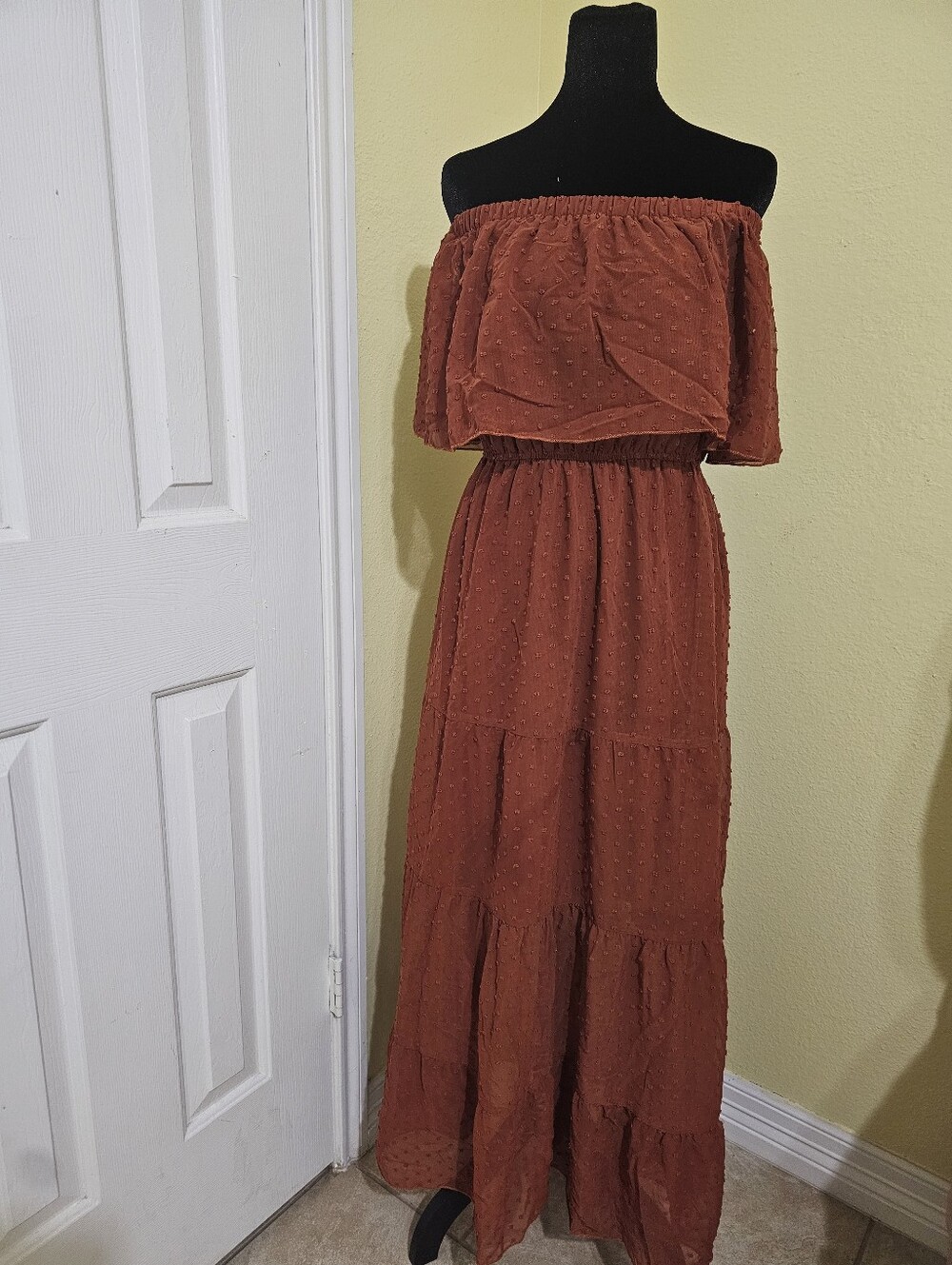 Off-Shoulder Rust Tiered Maxi Dress